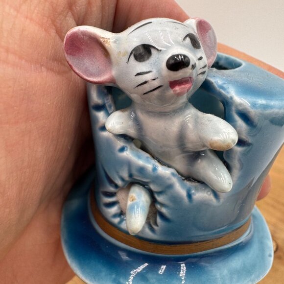 Vintage Mouse in Blue Hat Toothpick Holder Stamped on bottom Japan blue gray - Picture 6 of 12